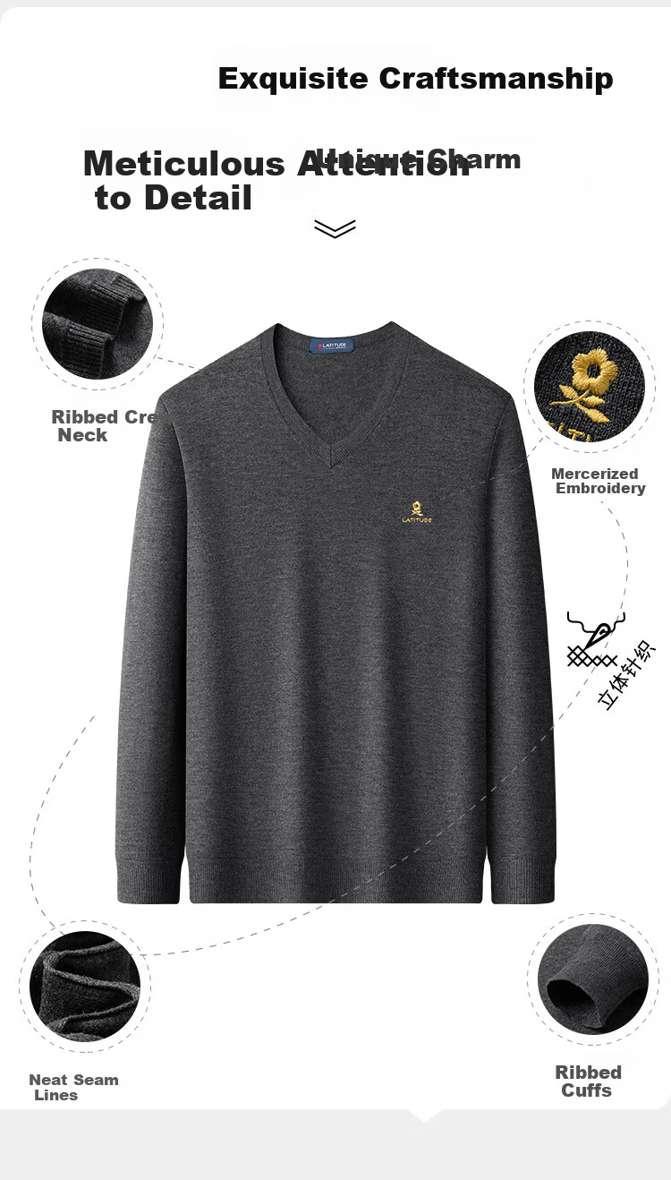 MONTAGUT Mulberry Silk Autumn And Winter Men's Cotton Wool Sweater, V-Neck Pullover, Warm Knitted Sweater, Black, 2XL 4
