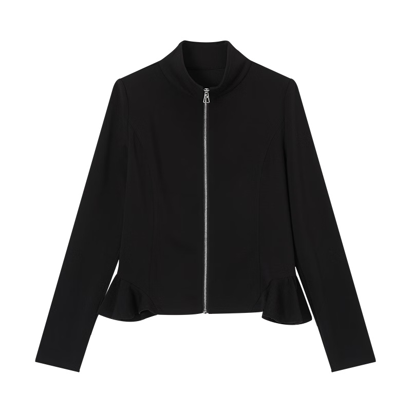 Demana Sandwashed Air Layer Spring Korean Style Stand Collar Ruffle Slim Fit Petite Women's Casual Jacket