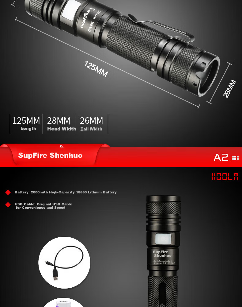 SupFire Superfire Mini Flashlight A2 15W+2200mAh Built-in Battery P50 7
