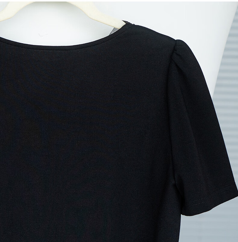 ROEYSHOUSE Mesh Splice Short Sleeve T-Shirt Women Summer Puff Sleeve Slim Top 13737 Black M 20