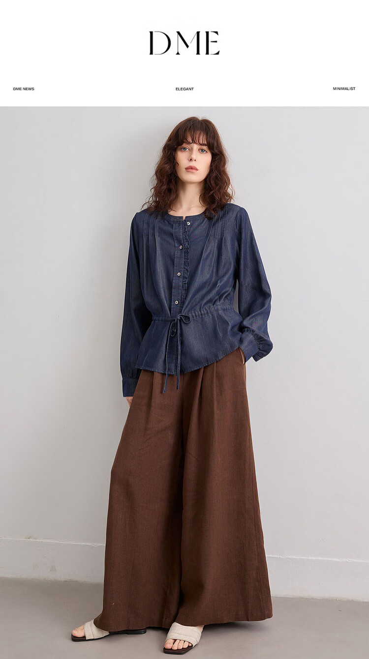 Demana [100 Lyocell] Spring French Style Round Neck Ruffle Drawstring Denim Shirt for Women Premium 1