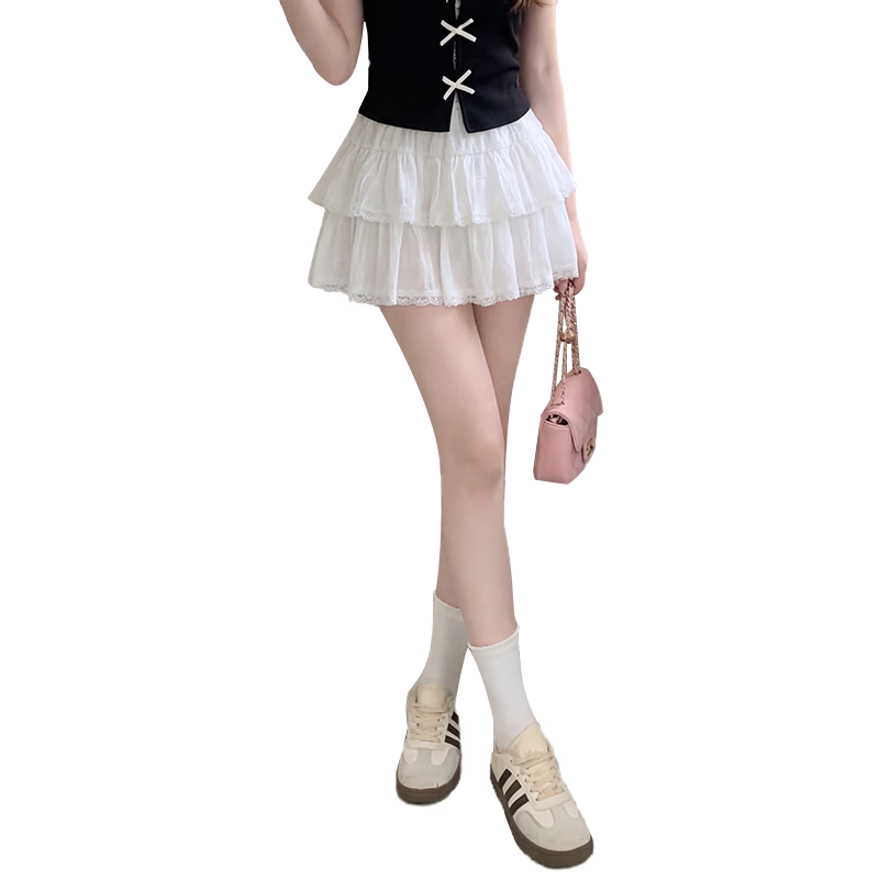 Langsha White Lace Cake Skirt Women's Spring Summer Slim Fit Beautiful Ballet Style High Waist French Puff A-Line Mini Skirt