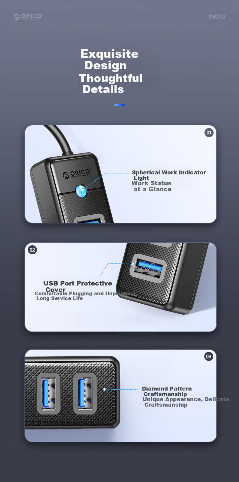 ORICO USB 3.0 7-Port Hub Expansion Dock Multi-Interface Extension Converter with Independent Power Supply for Lenovo Huawei PW7U-U3 8
