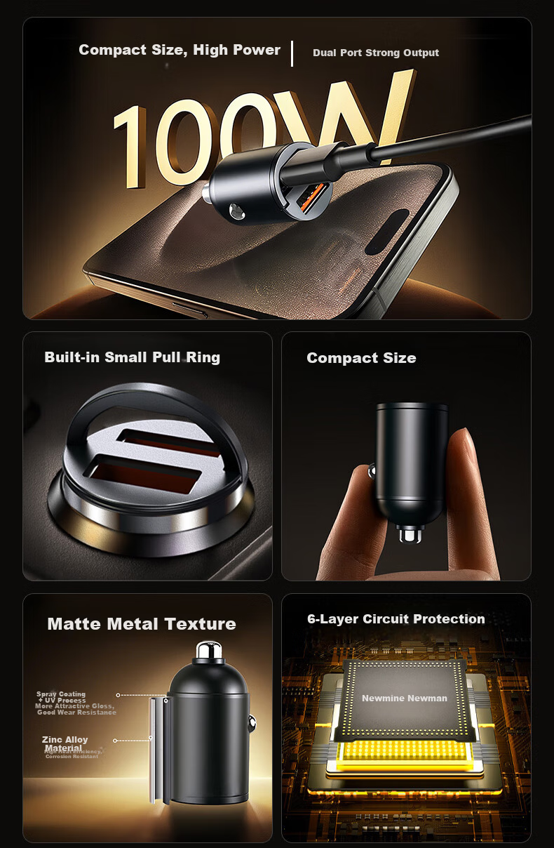 Newmine Car Charger, Cigarette Lighter, Concealed Super Fast Charging Head, Dual-Port, Compatible with Apple 17, Huawei, Xiaomi 1