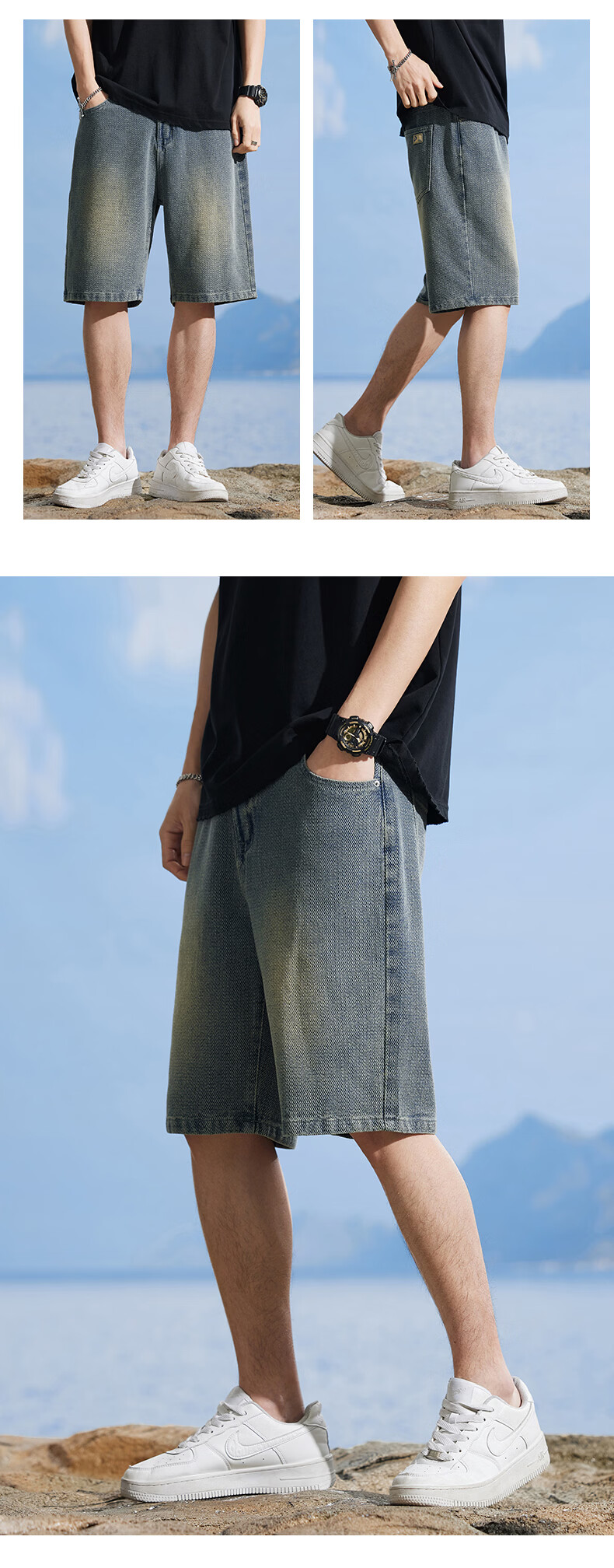Jeanswest Men's Denim Shorts 2026 Summer Thin Starry Pattern Loose American Style Five-Point Mid-Length Shorts Light Blue 30 9
