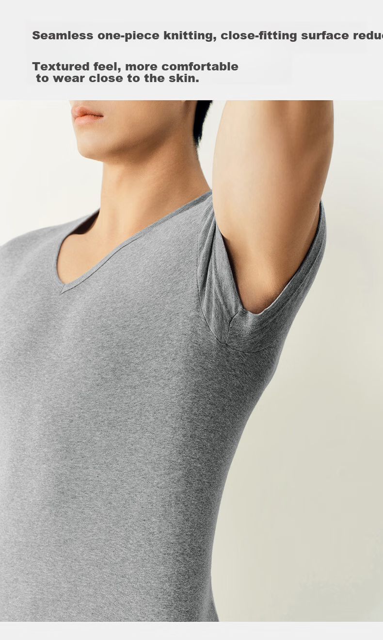 Threegun Men's V-Neck T-Shirt [7A Original Yarn Antibacterial] Pure Cotton Ribbed Stretch Basic Short Sleeve Undershirt (2-Pack) 12
