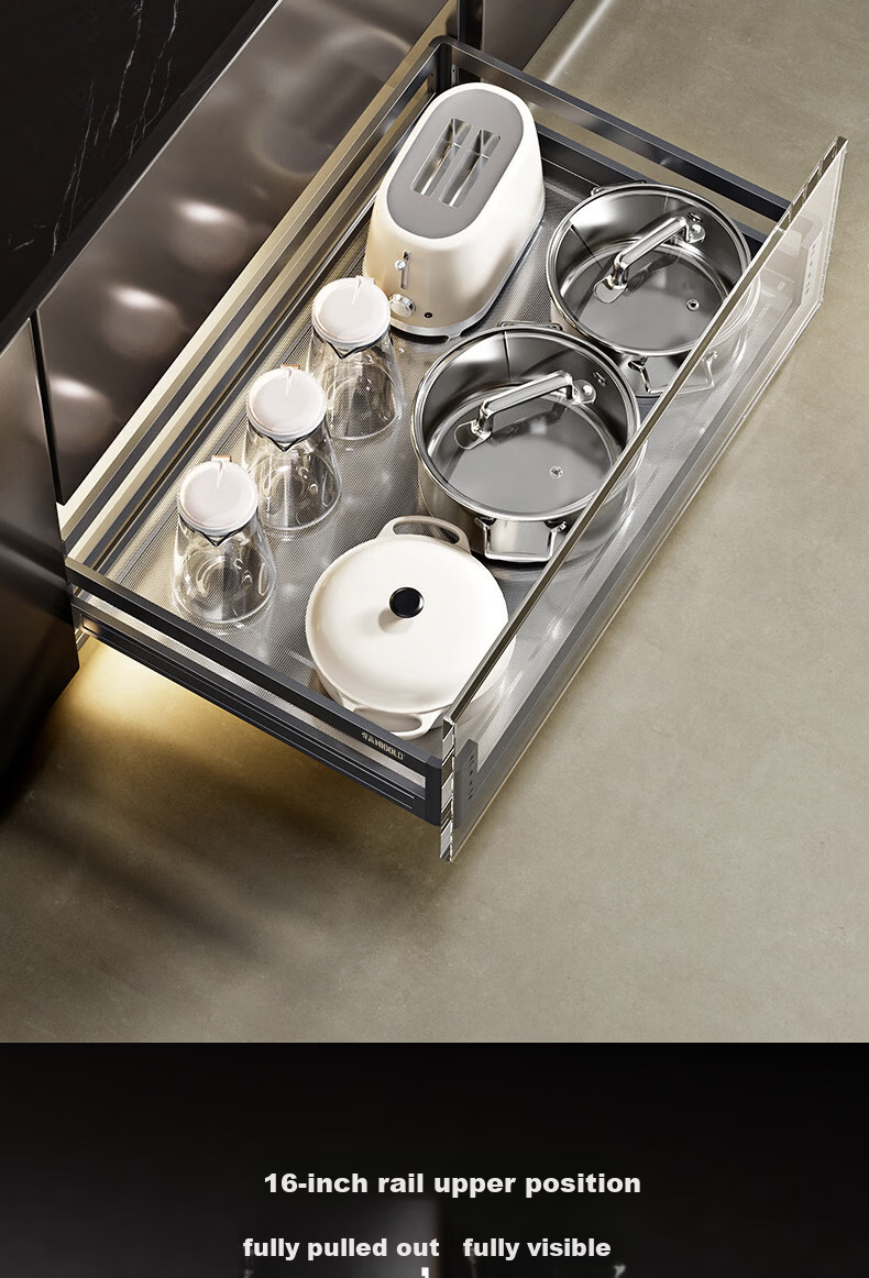 HIGOLD Kitchen Cabinet Pull-Out Basket 304 Stainless Steel Double-Layer Drawer Dish Rack Storage Shelf 11
