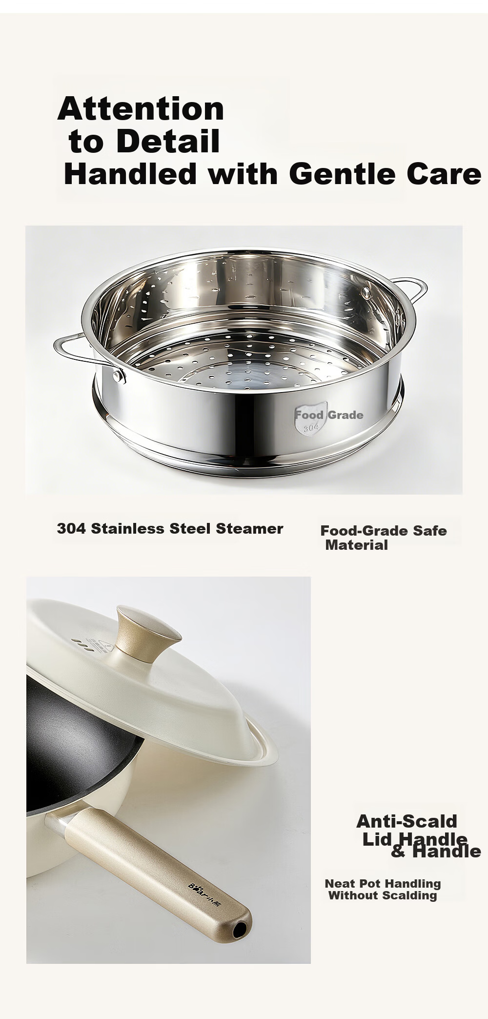 Bear Extreme Iron Small Frying Pan Non-Coated Flat Bottom Stir-Fry Pan 24cm with Steamer Basket Non-Stick Baby Food Pot JG063-P02 9