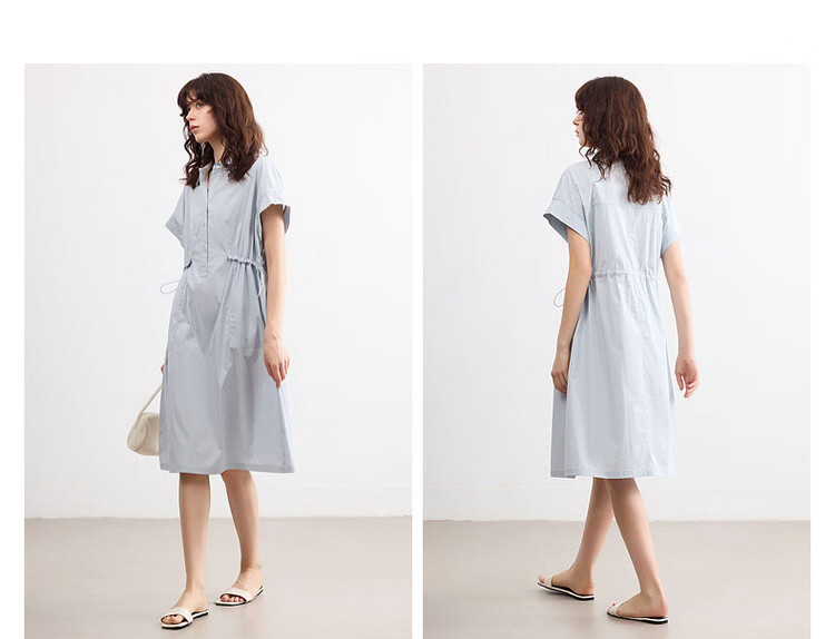 Demana [Cloud Cotton Whisper] Summer Simple Style Lapel Half-Placket Drawstring Waist Loose Casual Mid-Length Dress for Women 11