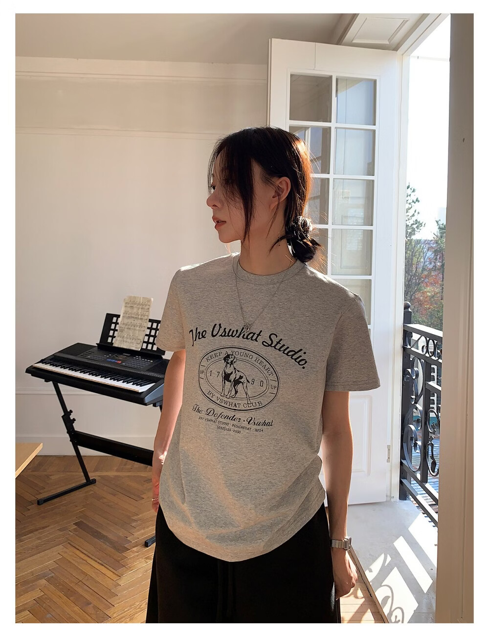 ICH MODE "Puppy Travelogue" Korean Retro College Style Chic Shoulder Short Sleeve T-Shirt Women Casual Top White M 19