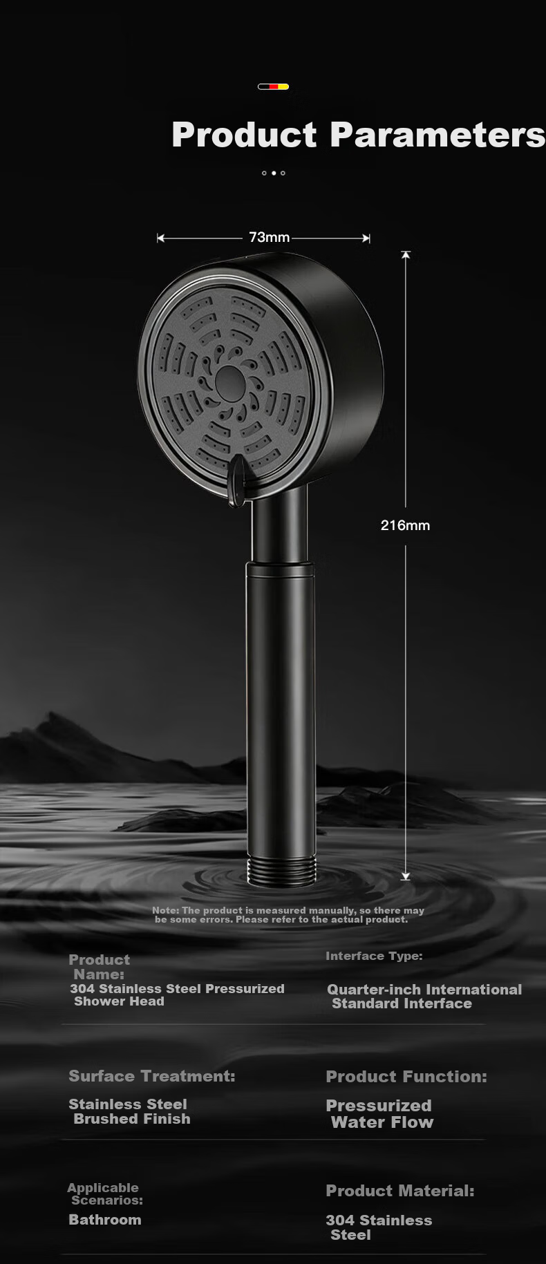 HOMK German Pressurized Shower Head 304 Stainless Steel High-Pressure Shower Sprayer 18