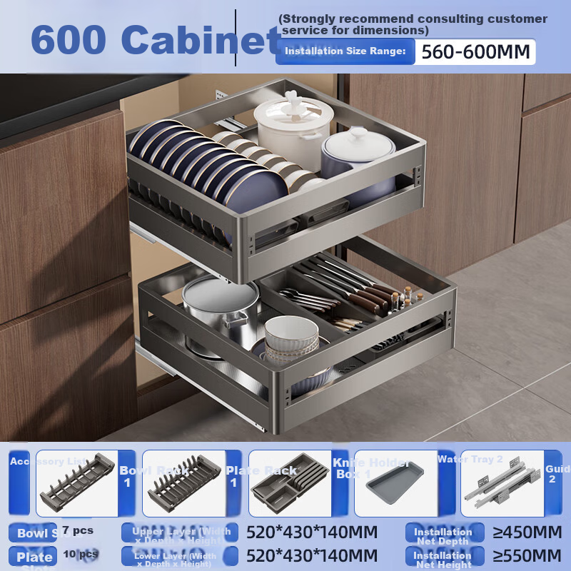 ARROW Kitchen Cabinet Pull-Out Basket Thickened 304 Stainless Steel Base Drawer Bowl Rack Spice Rack Double-Layer Dish Basket