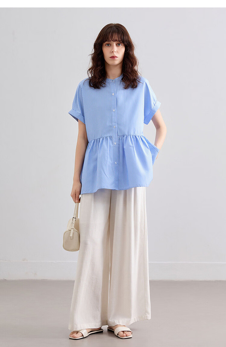 Demana Commuter Aesthetics Summer Refreshing Color-Block Striped Stand Collar Loose Fit Short Sleeve Shirt Women's Top 18