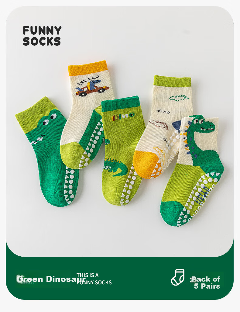 MiiOW Kids Non-Slip Anti-Cold Cotton Autumn Winter Boys Floor Socks Cartoon Green Dinosaur Sports Indoor Baby Socks 2