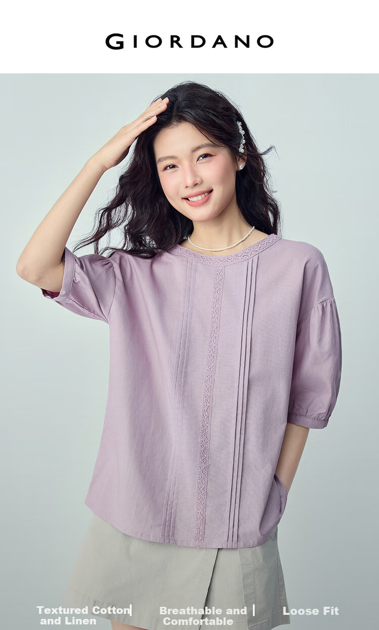 Giordano 2026 Summer New Cotton Linen Pleated Lace Loose Round Neck Mid Sleeve Linen Shirt for Women 13346226 3