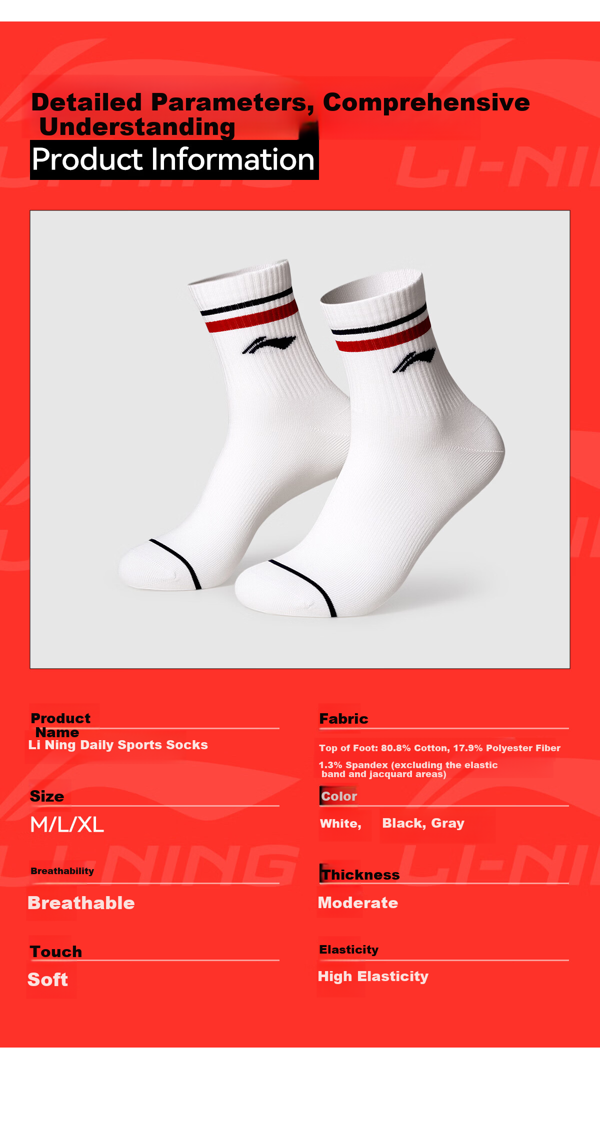 LI-NING Unisex Odor-Resistant Sweat-Absorbing Long Socks Casual Cotton Breathable Sports Versatile Mid-Calf Comfortable Cotton Wrap Socks 12