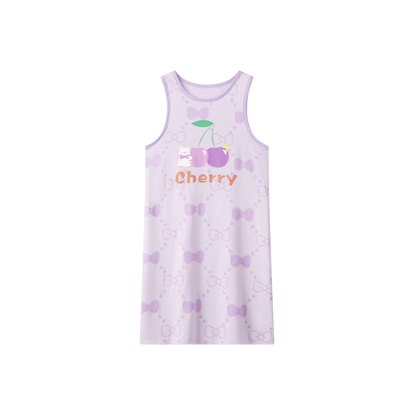 DEESHA [7A Antibacterial Comfort Cotton] Girls' Lightweight Breathable Nightgown, Spring And Summer Home Wear Dress, Light Purple Cherry Bear