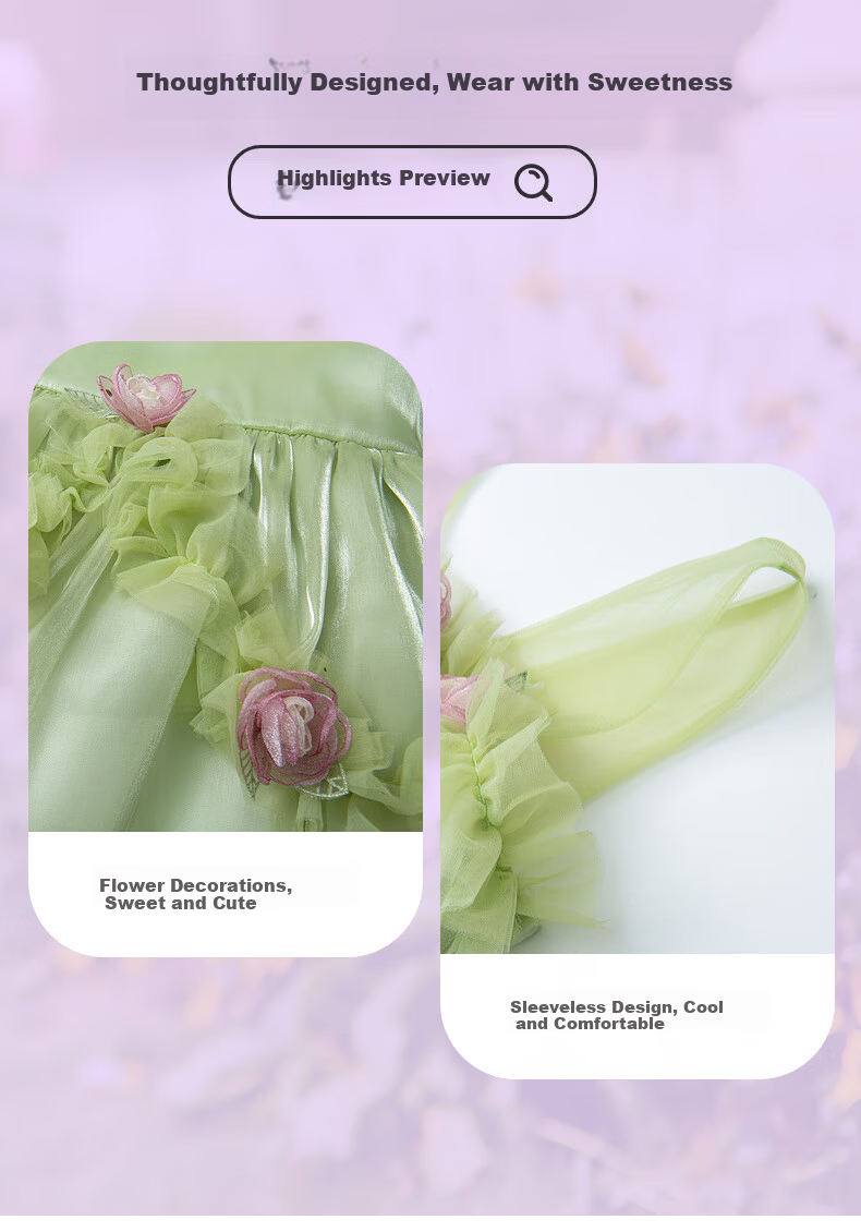 Follow Me Girls' Sleeveless Dress, Summer New Style Sweet Floral Princess Dress, Children's Formal Dress Tulle Skirt, Green, Size 160 2