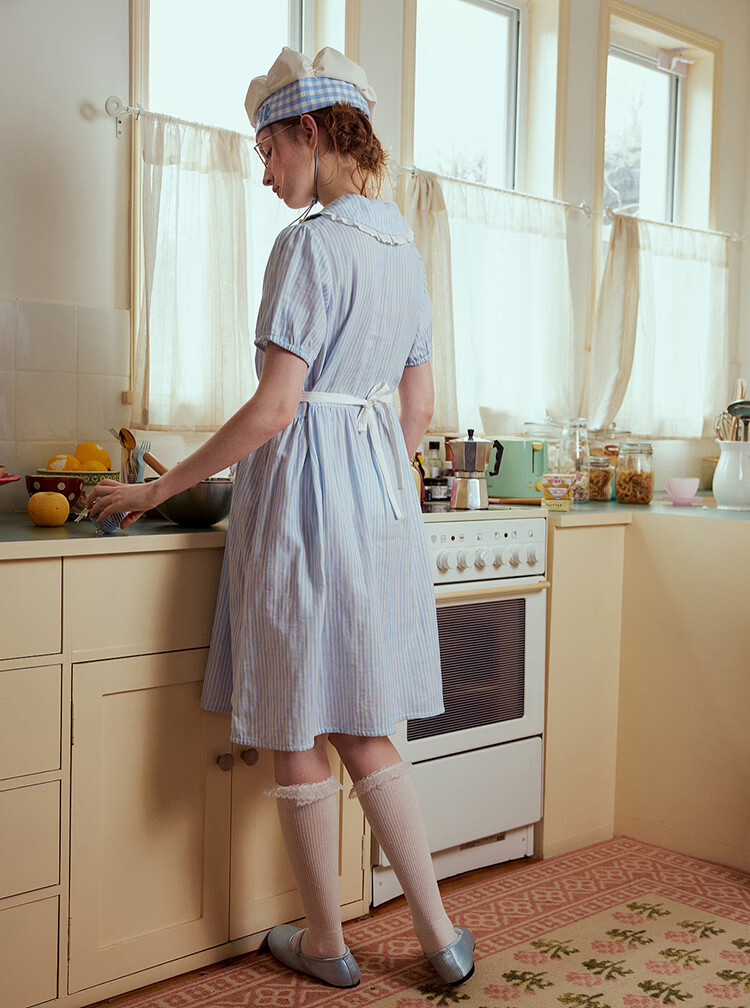 Gukoo Women's Summer Pajamas Ratatouille Doll Collar Nightdress Pure Cotton Jumpsuit Homewear Set Light Mist Blue S 26