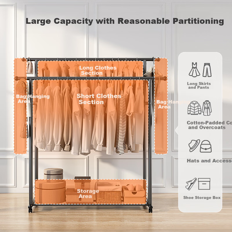 JD Jingzao Double Row Clothes Rack Mobile Floor Standing Clothes Hanger 1.3m Gun Gray for Bedroom and Balcony