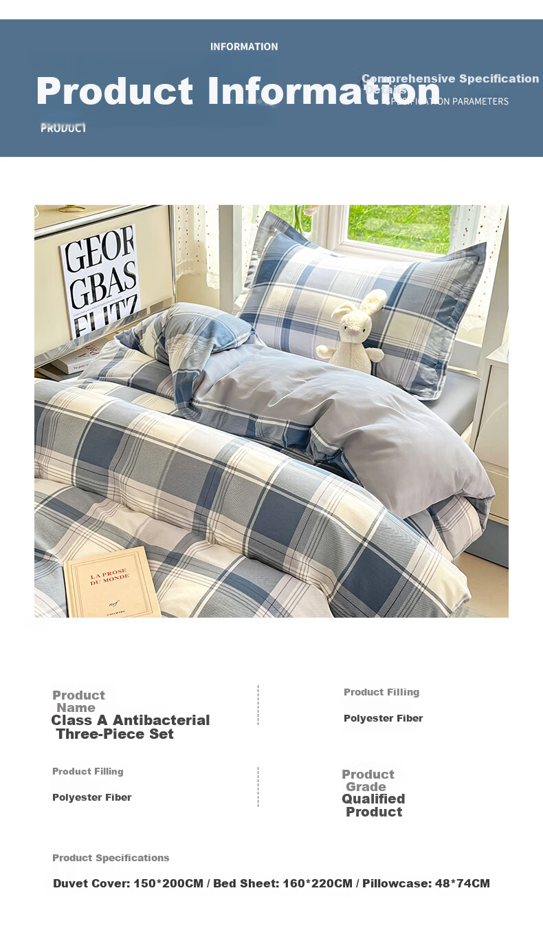 Grace 10A Antibacterial Skin-Friendly 3-Piece Bedding Set 0.9/1.2m Bed Sheet Pillowcase Duvet Cover 150x200cm 13