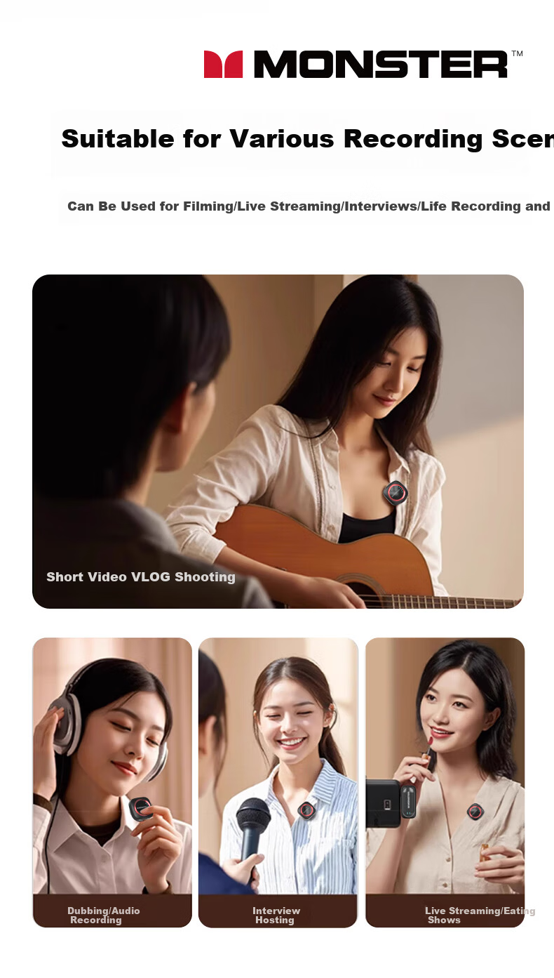 MONSTER Wireless Lavalier Microphone Professional Recording Outdoor Vlog TikTok Short Video Noise-Cancelling Clip-on Mic Portable Wireless Microphone One-to-Two Type-C M1 Black 16