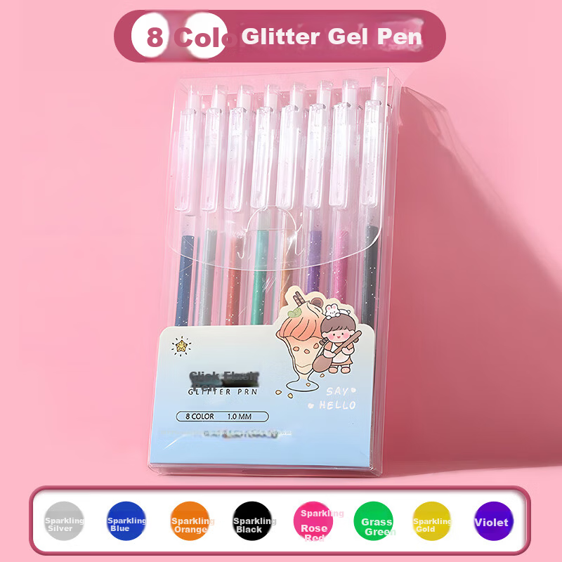 Mingyu Glitter Gel Pen Fluorescent Highlighter Colorful Shiny Highlighting Sand Pen Pearlescent Watercolor Pen Sparkling Glitter Marker Glow Birthday Gift School Essential 8 Colors