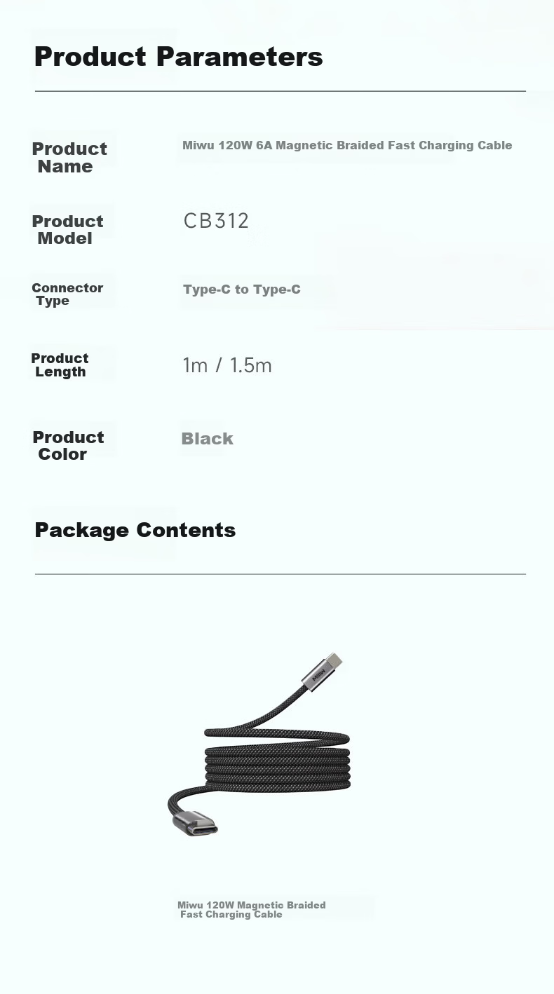 MIIIW Magnetic Type-C Data Cable 120W 6A CTC Fast Charging Cable Compatible with Apple 17/16, Xiaomi, Huawei, iPad, Laptop 1.5m 14