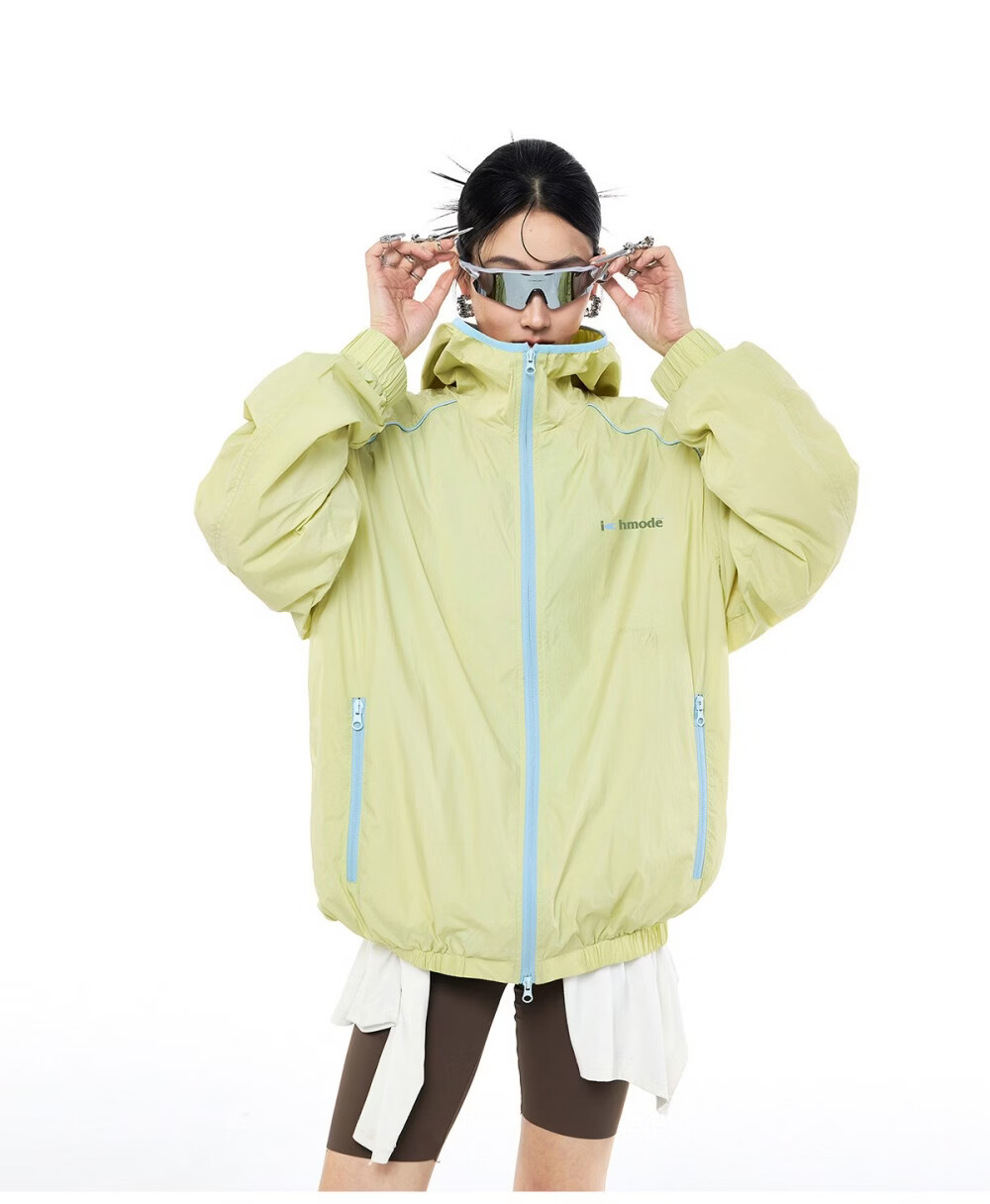ICH MODE Colorblock Physical Sunscreen Jacket Women Spring Summer New Hooded UV Protection Coat Light Blue M 19
