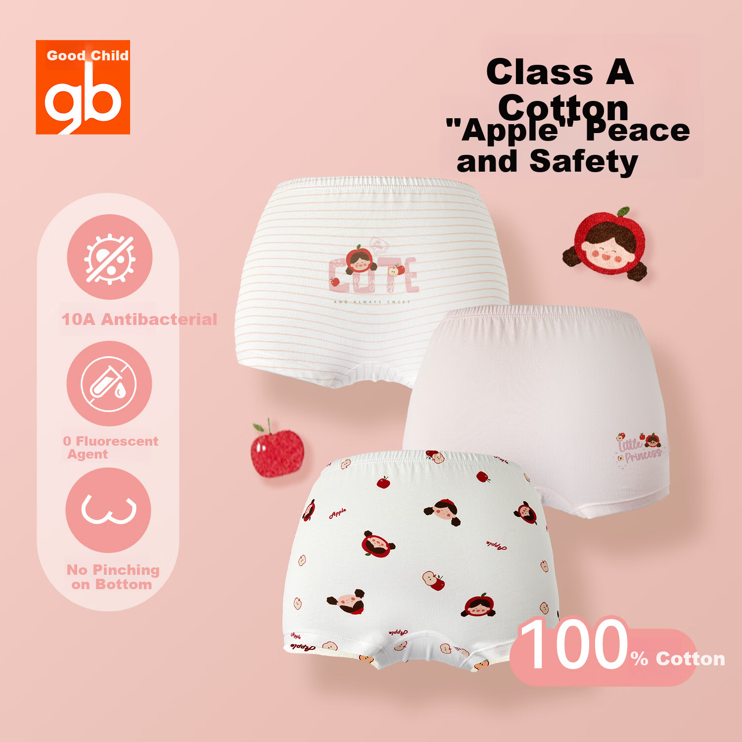 GB Girls' Cotton Antibacterial Boxer Briefs for Children, A-Class Baby Underwear, 3-Pack, Size 10A