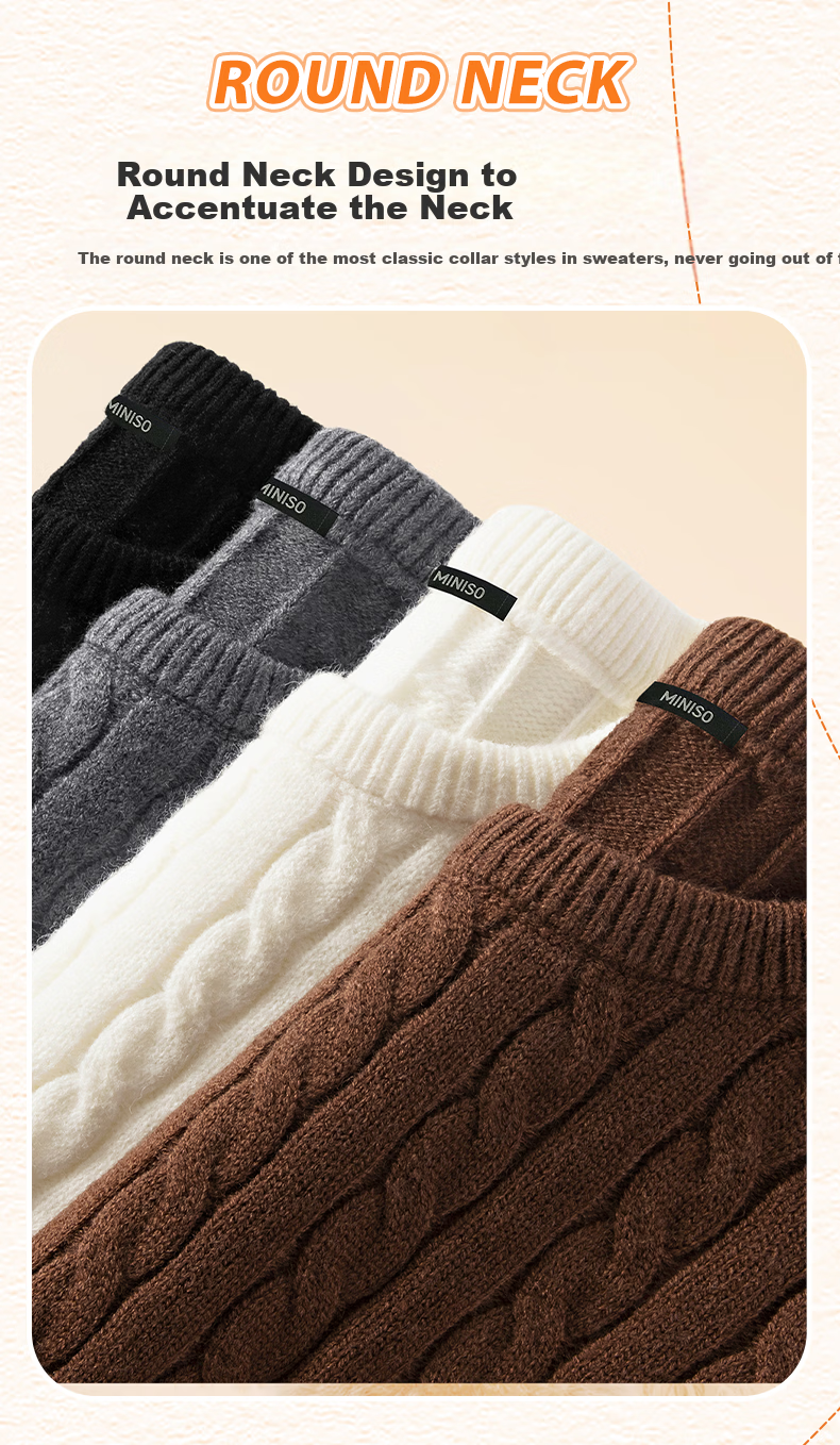 MINISO Men's Round Neck Cable Knit Sweater Autumn Winter Warm Anti-Cold Casual Couple Pullover Black 3XL 8