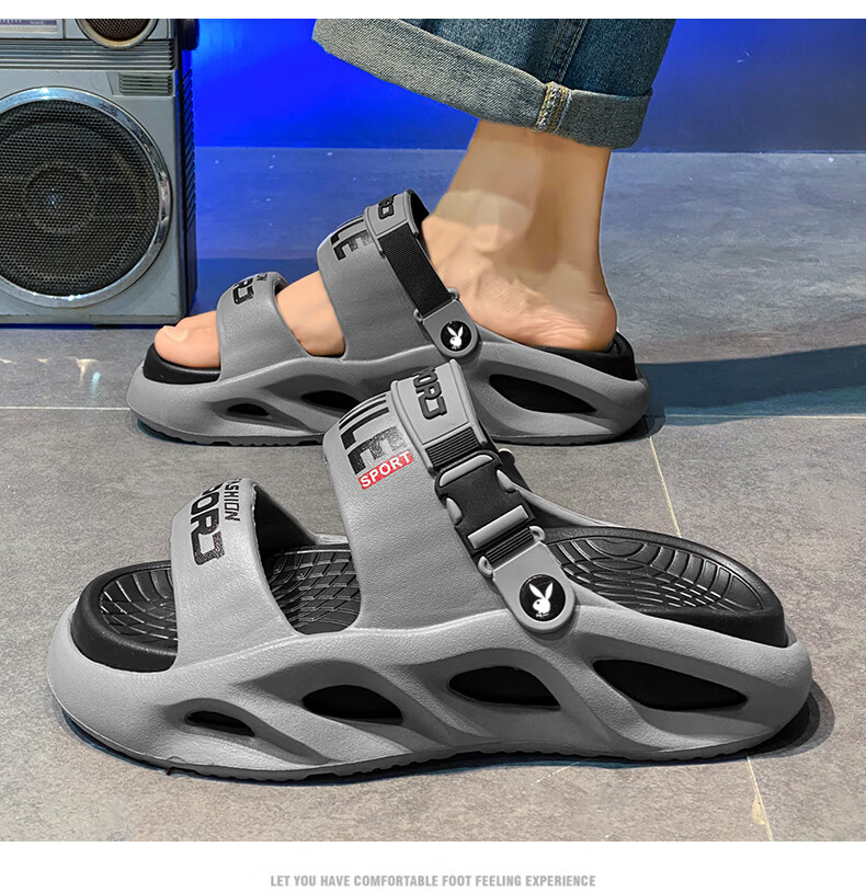 PLAYBOY Men's Sandals 2026 Summer Hollow-out Fashion Thick-soled Beach Shoes Soft Sole Slippers Gray Black Size 40/41 5