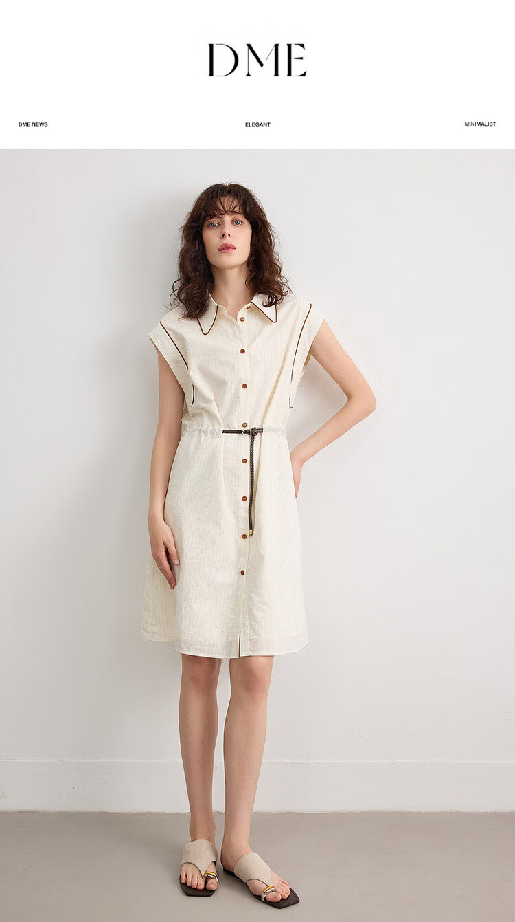 Demana [Comfort Oxygen Cotton Series] Summer Commuter Striped Color-Block Trim Polo Collar PU Belt Mid-Length Dress for Women 1