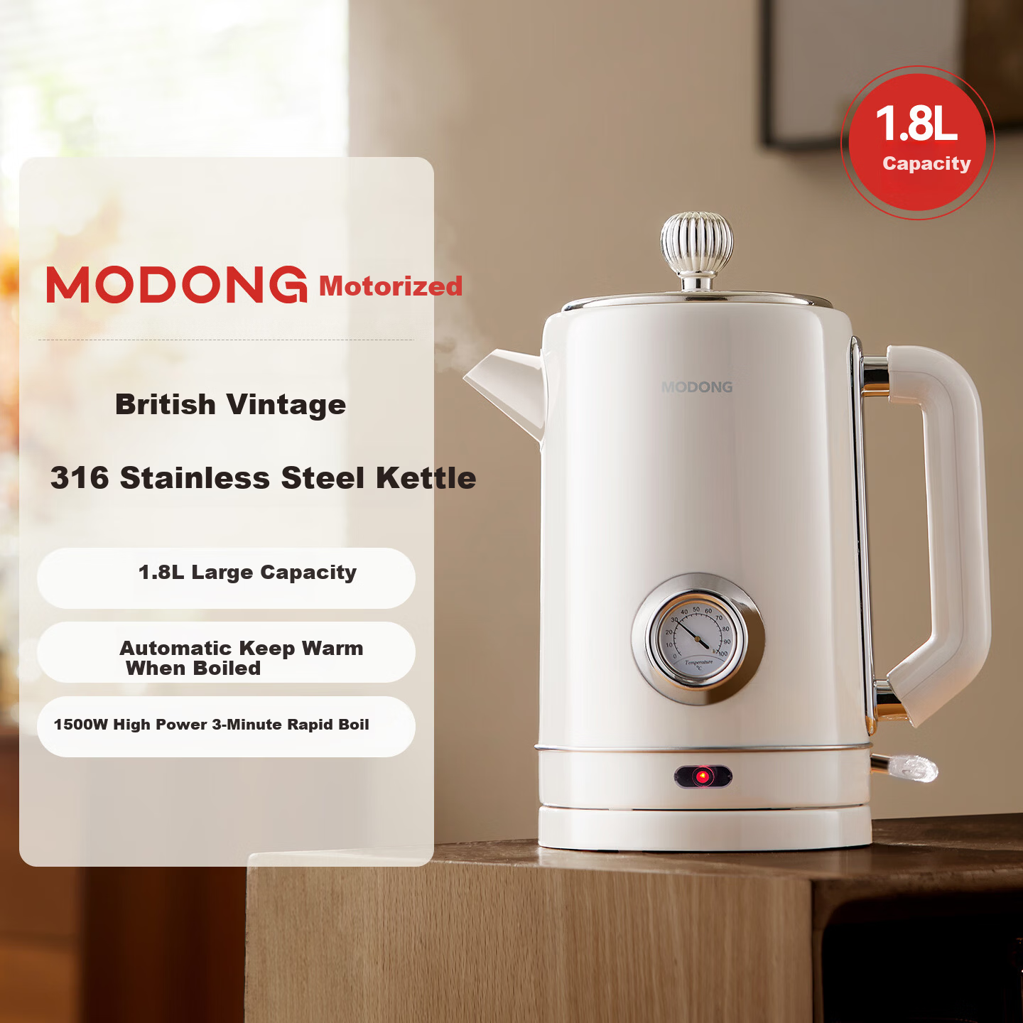 Modong Electric Kettle Double-Layer Anti-Scald 1.8L Large Capacity Household Electric Kettle 316 Stainless Steel Inner Liner 1500W High Power Fast Boiling MD-DSH09
