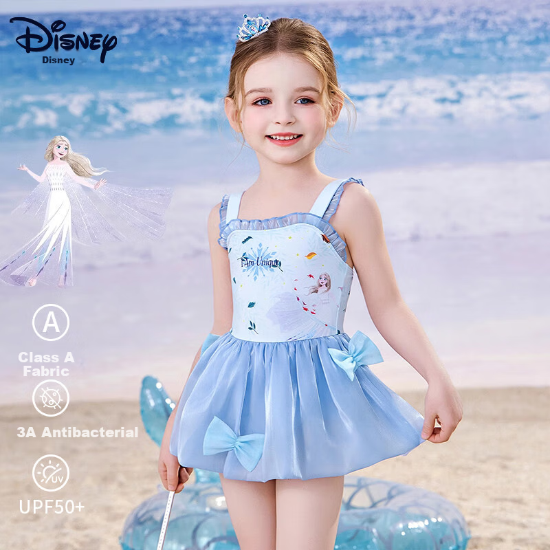 Disney Kids Girls One-Piece Swimsuit for Ages 6-12, Baby Girl Swimwear D35042 Cloud Blue Size 130