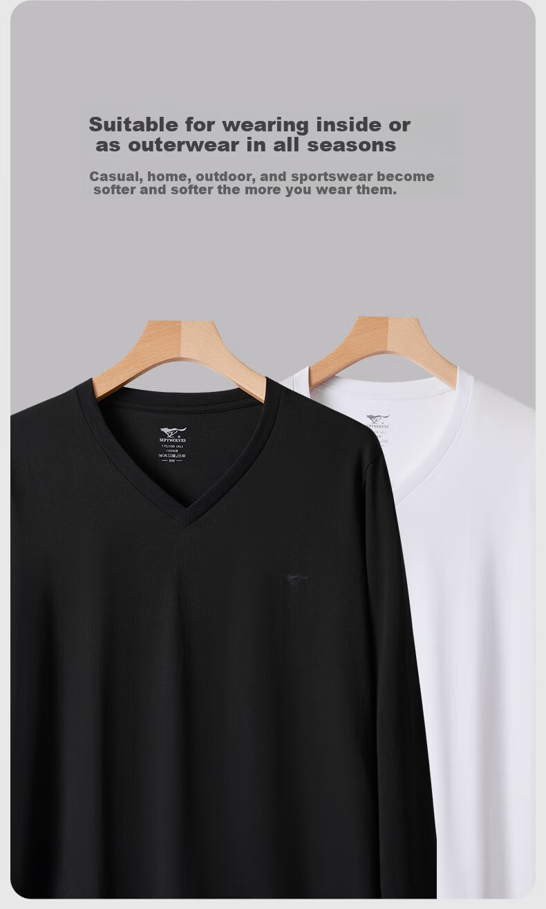 Seven Wolves 100% Cotton Men's Long Sleeve V-Neck T-Shirt Solid Color Sportswear Basic Shirt 7