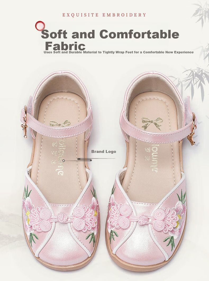 Fulomi Girls Summer Sandals Traditional Chinese Embroidered Hanfu Soft Sole Closed-Toe Princess Shoes Pearl Pink Size 31 7