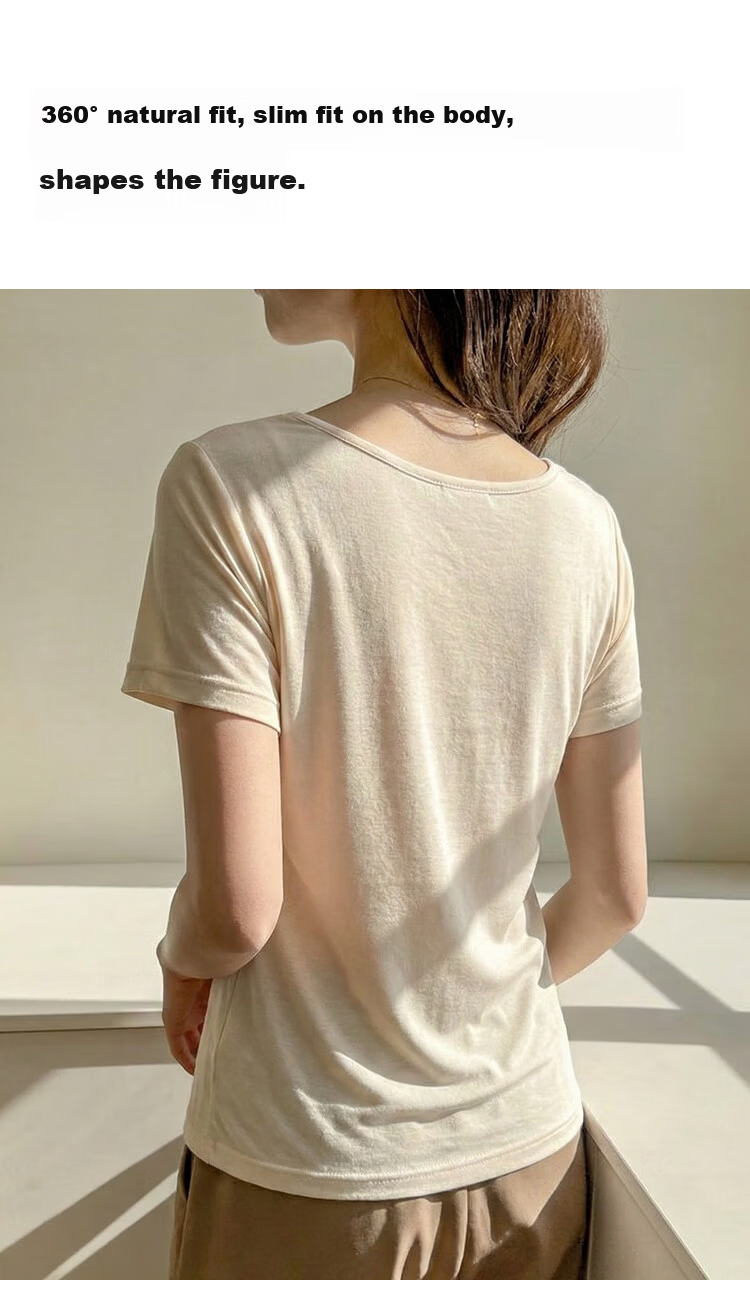 Audifine Women's Crew Neck Base Shirt U-Neck Top Spring Summer Cool Lyocell Short Sleeve T-Shirt Slim Soft Black M 10