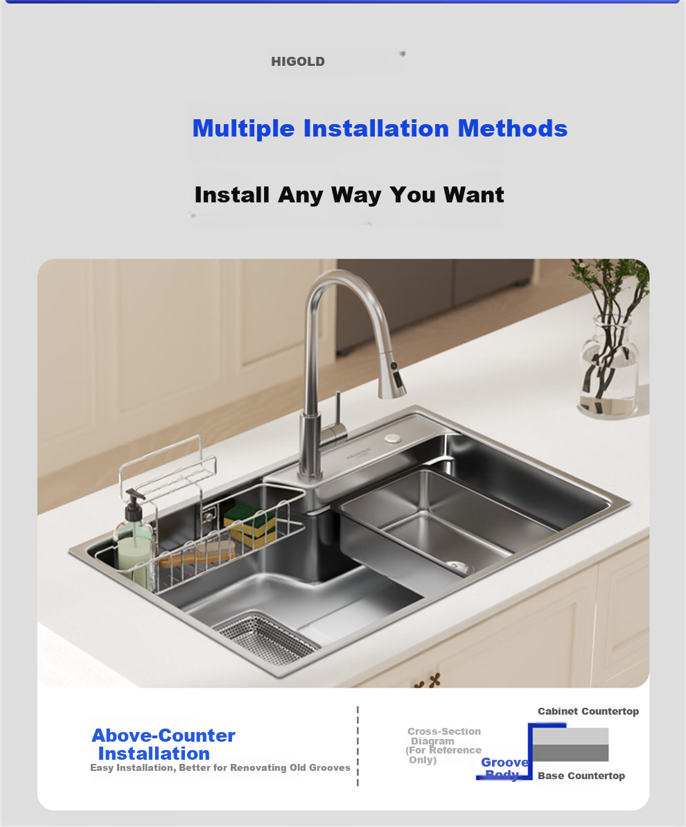 HIGOLD Kitchen Sink Embossed Raindrop Large Single Bowl 304 Stainless Steel Countertop Middle and Lower Vegetable Washing Basin with Strainer MAX 24