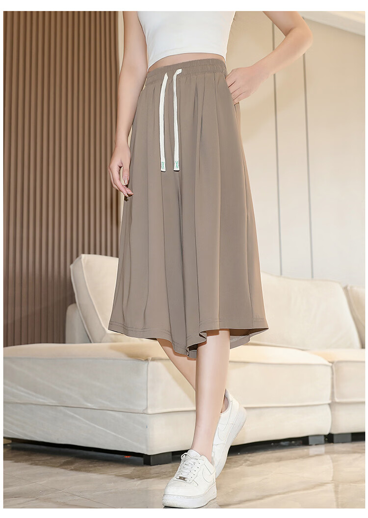 La Chapelle Women's Summer Thin High-Waist Slim Loose Draped Cropped Wide-Leg Skirt Pants Green XL 17