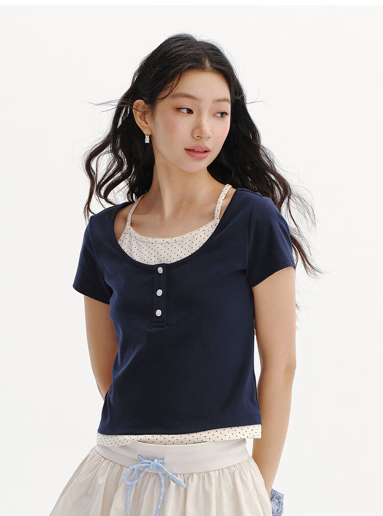 Semir Mall Style | Women's Summer Short Sleeve T-Shirt, Short Polka Dot Fake Two-Piece, 2026 Sexy Top 101326100043 15