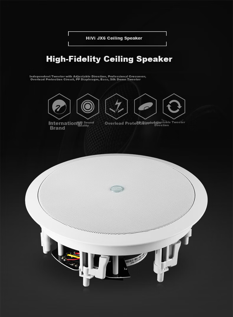 HiVi JX6 Fixed Impedance Ceiling Speaker 6-Inch In-Ceiling Loudspeaker for Campus Public Broadcasting Conference Room Mall Coffee Shop Living Room Background Music Speaker (Pair) 1