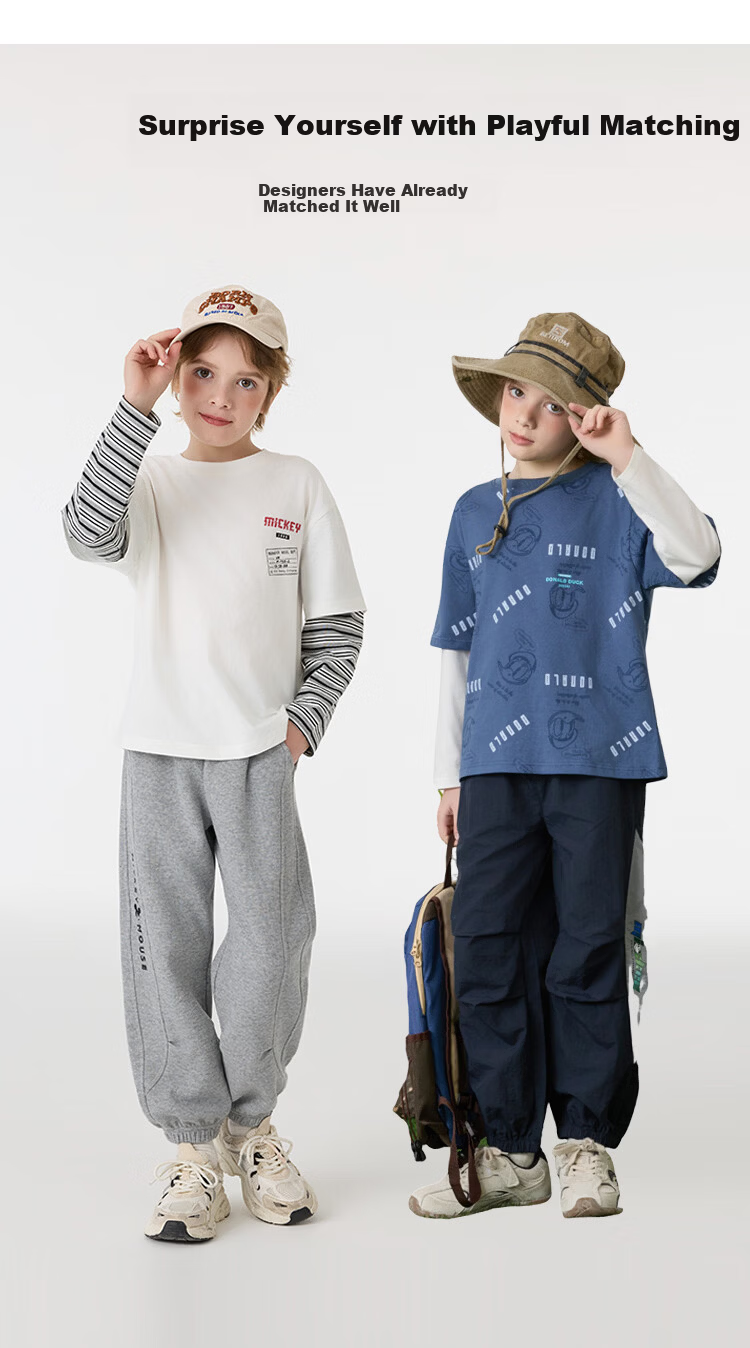 Disney Kids Boys and Girls Long Sleeve Faux Two-Piece Spring T-Shirt 2026 New Children's Cotton Base Layer Sweatshirt Trendy Cool 5