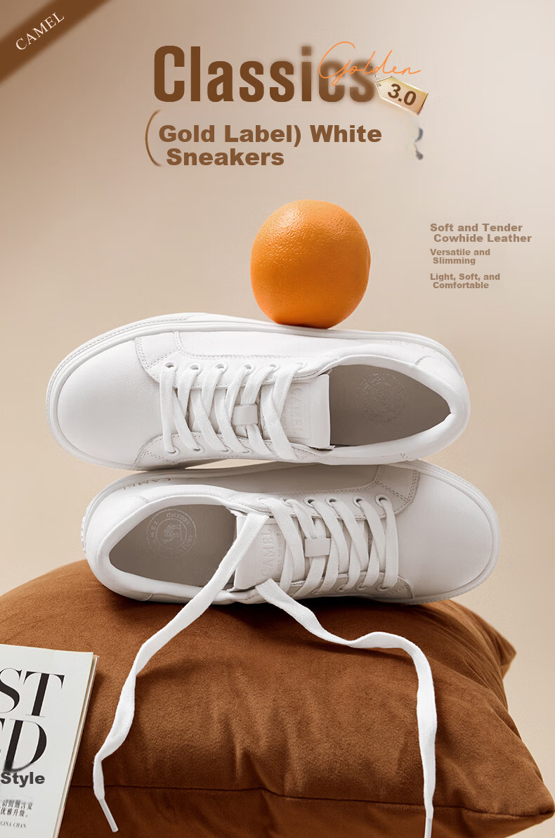 CAMEL Women's Minimalist Casual White Leather Flat Lace-up Sneakers L24S504610 White 40 1