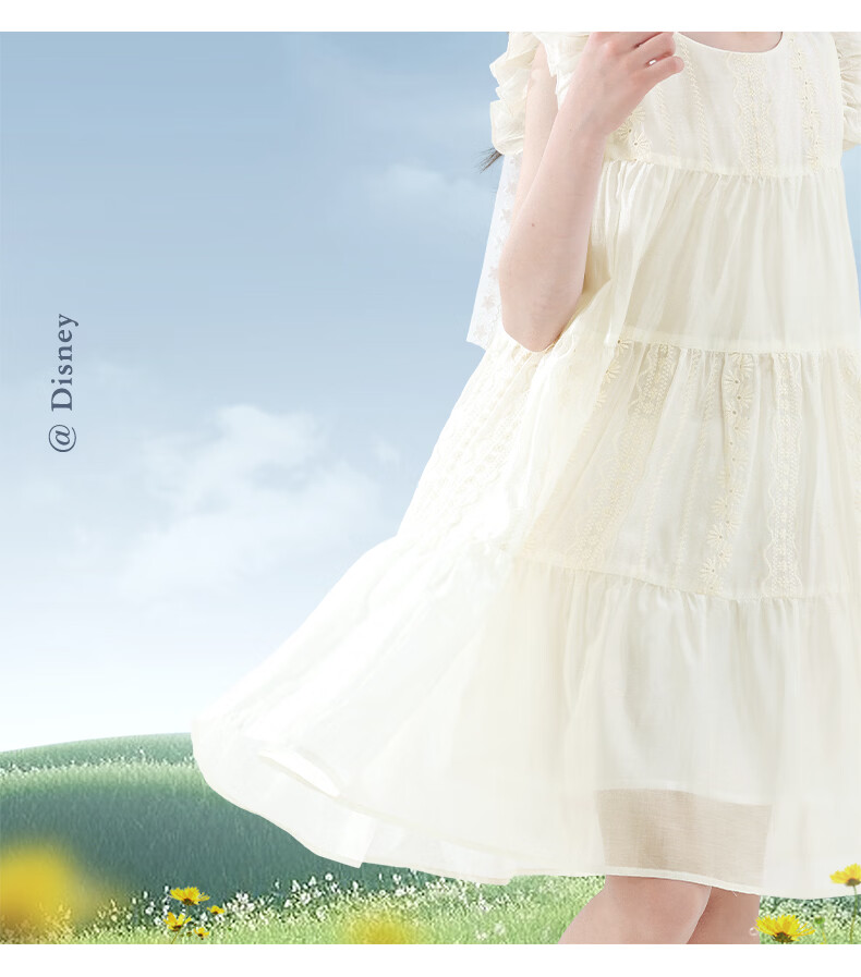 Disney Girls' Tencel Dress Summer New Princess Dress Big Kids Long Dress EQ095 Off-White 160 4