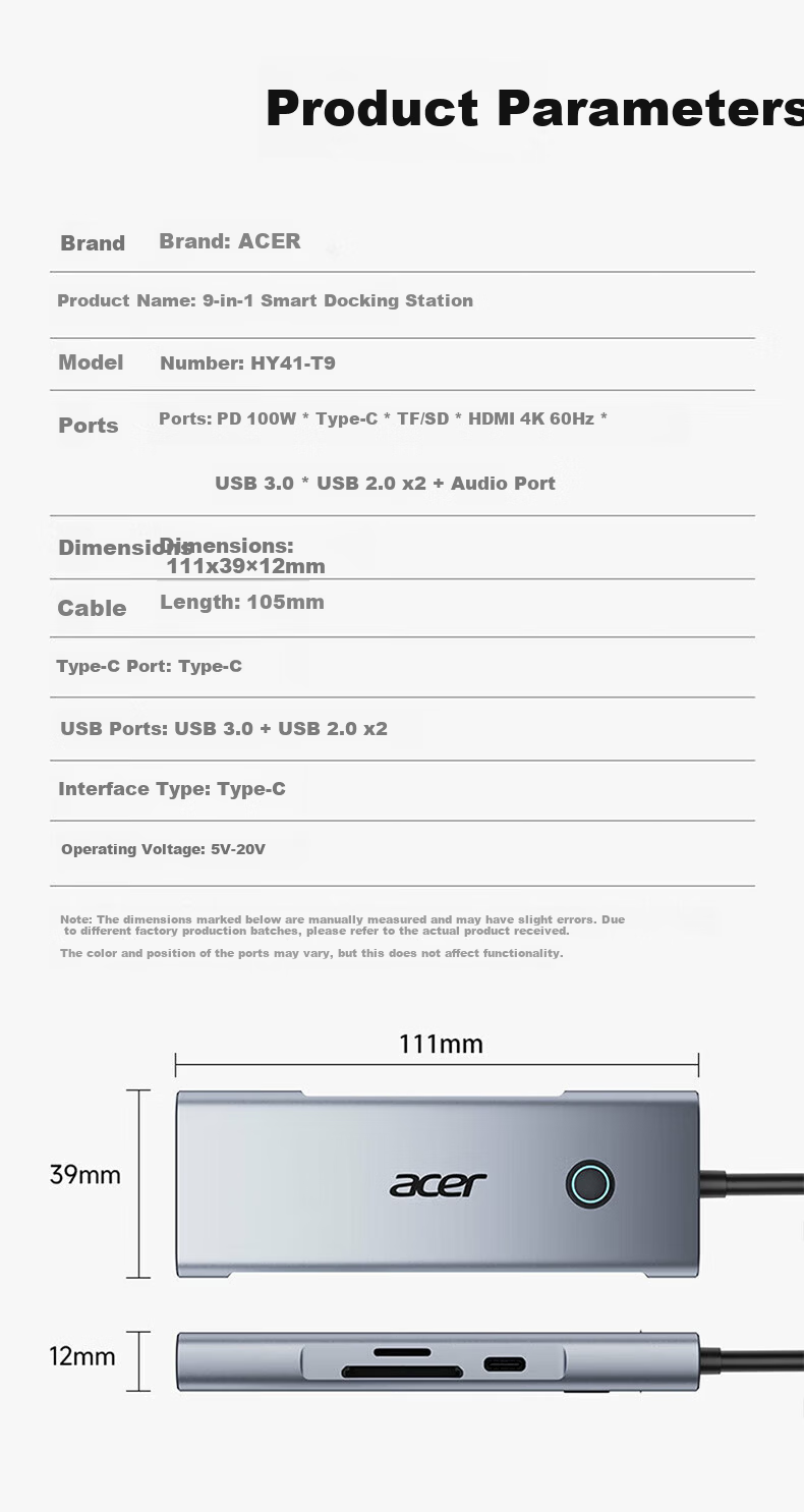 Acer Type-C Expansion Dock, USB3.0 Hub, HDMI Adapter, Compatible with MacBook, Computer And Phone Converter, 4K60Hz Screen Mirroring, PD Charger, Five-I 11