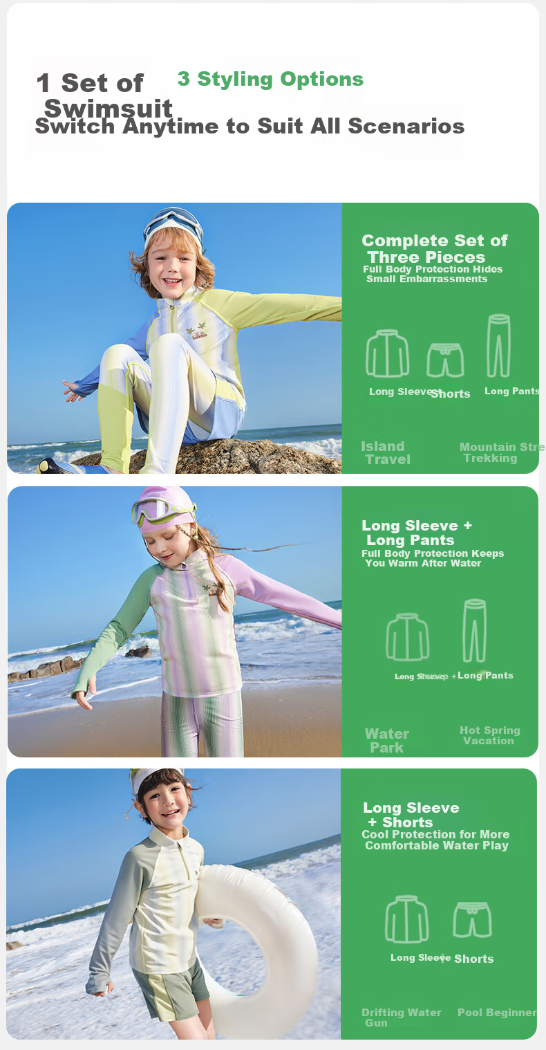 Kocotree Children's Swimwear Original Yarn Sun Protection Swimsuit, Boys' Two-Piece Girls' Long-Sleeve Baby Swimwear Three-Piece Set 10