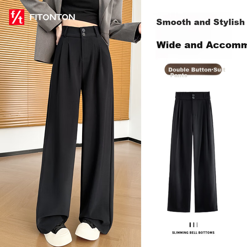 FitonTon Women's Suit Pants Spring Summer 2026 New Black Slim Fit Slimming Draped Straight Wide-Leg Casual Trousers