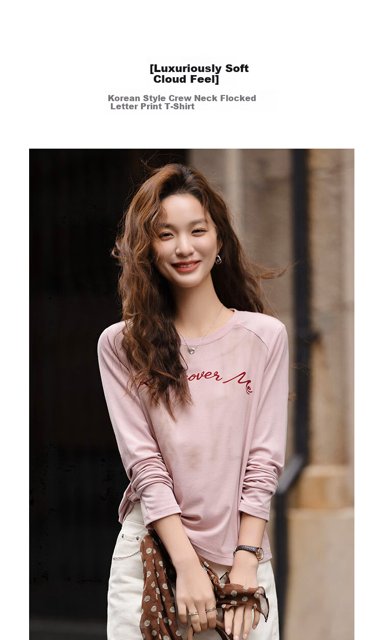 Demana [Breathable Tencel] Spring Korean Style Crew Neck Flocked Letter Print Loose Fit Petite Women's T-Shirt 2