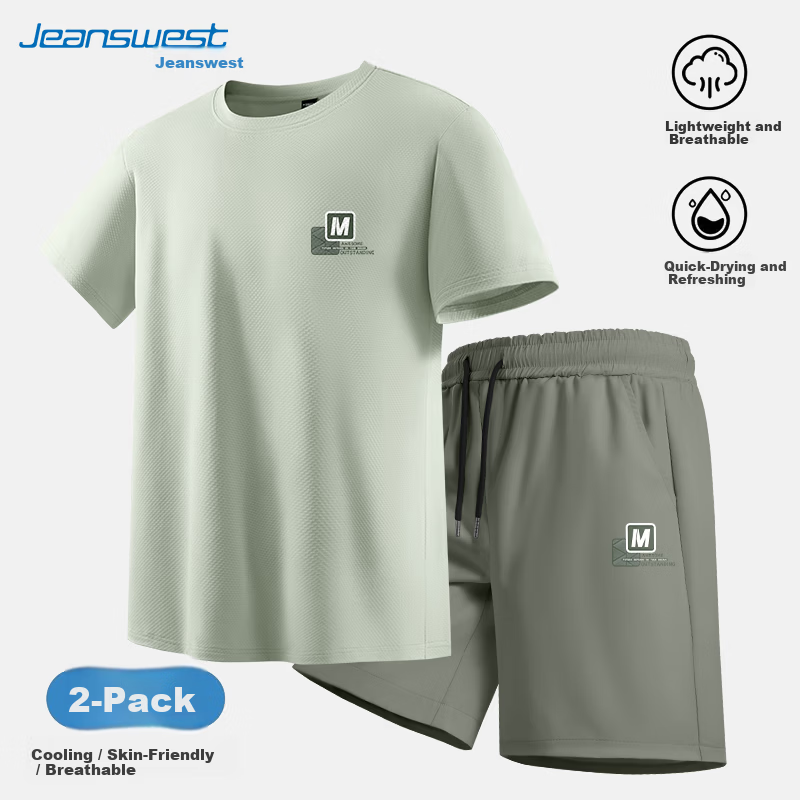 Jeanswest JEANSWEST Ice Silk Sports Set Men 2025 New Quick-Dry Breathable Men's T-Shirt Trendy Brand Short Sleeve Shorts